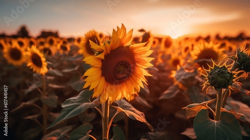 Beautiful field of blooming sunflowers against sunset golden light. Generative ai image.