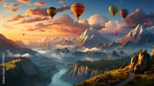 Colorful hot-air balloons flying over misty morning sunrise © Sasint