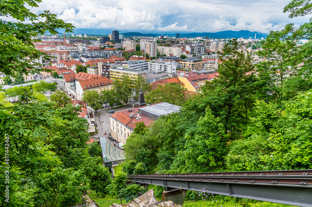 A view along the funicular railway leading up to the castle above Ljubljana, Slovenia in summertime