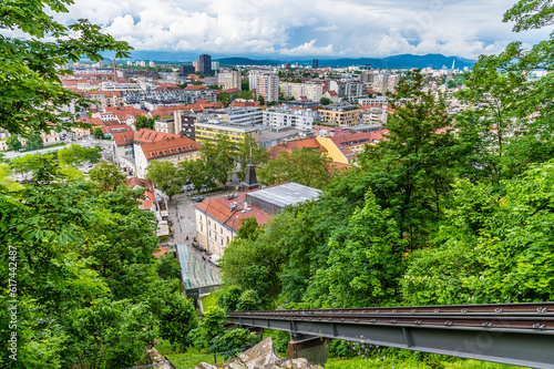 A view along the funicular railway leading up to the castle above Ljubljana, Slovenia in summertime