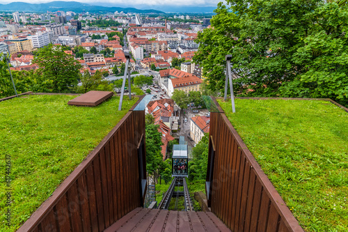A view down the funicular railway leading up to the castle above Ljubljana, Slovenia in summertime