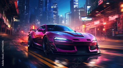 Futuristic sports car on a neon highway. Powerful acceleration on a night track with colorful lights and tracks. photo