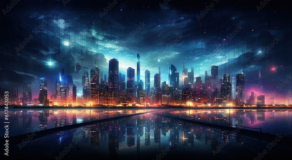 Modern city with wireless network connection and cityscape concept. Wireless network and connection technology concept with city background at night.