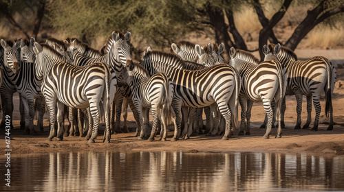 a lot of zebras stand at a waterhole in the dry savannah. Generative AI