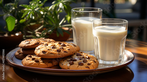 Cookies with a glass of milk, background living room.