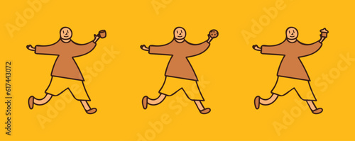 Set of happy people hopping from coffeshop. Person with cup of coffee or tea, cookie and muffin. Doodle, scribble cartoon hand drawn style person. Trendy business illustration (Full Vector)