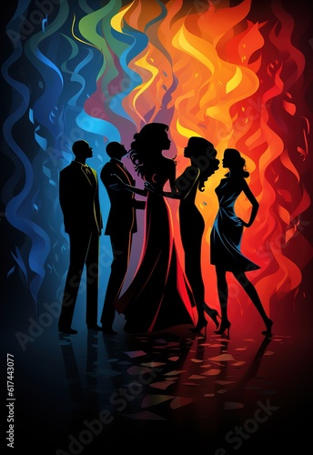 Rainbow background and silhouettes of dancing dancers