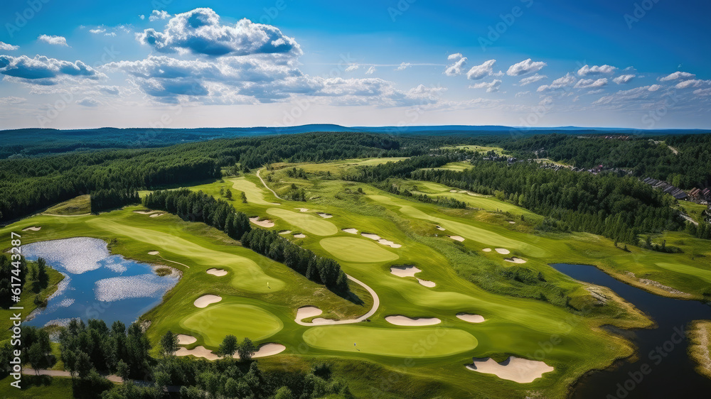 Beautiful drone photo of a golf resort summertime - Generative AI