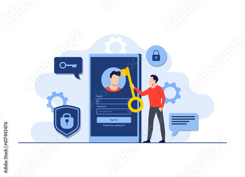 Setting strong passwords to secure accounts, Password protection for cyber security and account login, Sign up page, User authorization, Login authentication, landing page, web banner, infographic