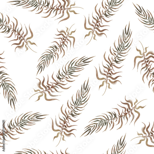 Watercolor seamless pattern with leaves, flowers. Pattern with wildflowers, herbs. Forest motifs. Boho style, gentle, children's print. Ecostyle.