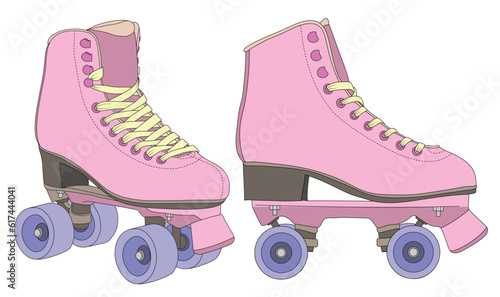 Retro roller skates. Footwear for outdoor activities. Color scheme of the model of roller skates from the front and inside. Detailed drawing.