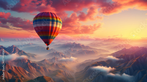 Aerial view from colorful hot air balloons flying over with the mist balloon © Sasint