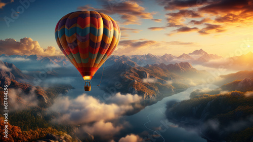 Aerial view from colorful hot air balloons flying over with the mist balloon
