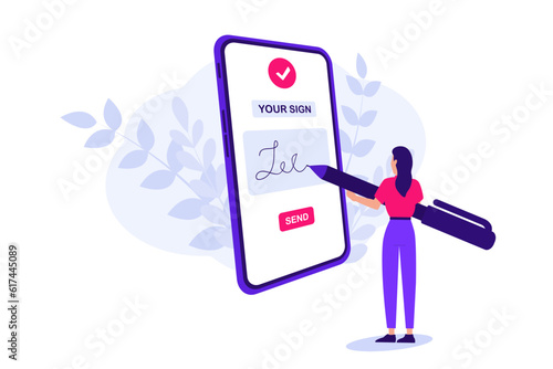 Isometric electronic signature concept. Electronic signature on smartphone screen. Electronic document, digital form attached to electronically transmitted document. Vector illustration