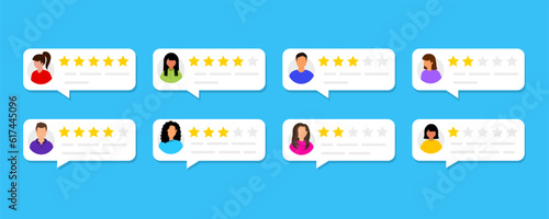 User reviews set. Customer feedback review experience rating concept. User reviews with good and bad rate. Rating bubble. User client service message. Feedback, experience concept