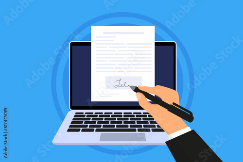Isometric electronic signature concept. Electronic signature on laptop. Electronic document, digital form attached to electronically transmitted document. Vector illustration photo