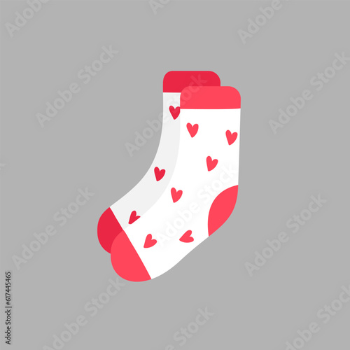 Vector icon socks with hearts. Funny socks with hearts symbols. Element for Valentines day design. Woolen socks, foot underwear. Cute clothes. Cartoon summer illustration about love. Romantic card