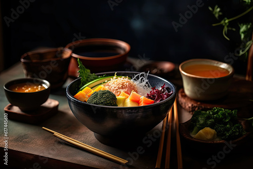  Gorgeous photo of Sushi, Miso soup, and seaweed salad