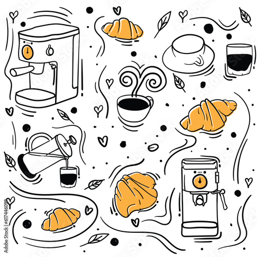 Coffee background design with hand drawn of coffee cup and coffee maker design for coffee shop design