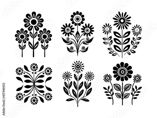 Black silhouette symmetrical flowers. Scandinavian folk art vector illustration. Floral composition art drawing.