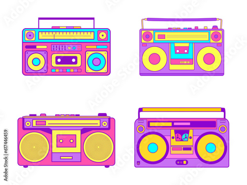 Set Retro Radio 90s music audio cassette. Collection of various vintage boombox audio tapes on white background. vector illustration
