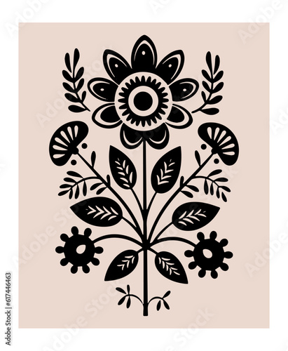 Symmetrical ornament with flowers and leaves, scandinavian folk art poster. Floral silhouette composition. Ethnic botanical vector illustration.