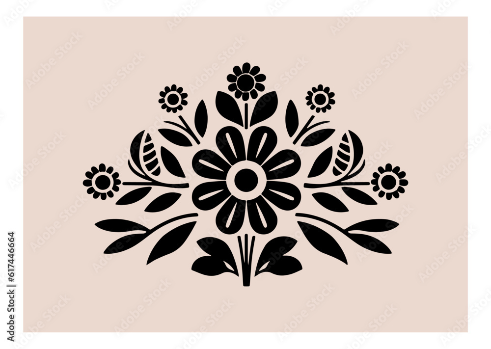 Symmetrical ornament with flowers and leaves, scandinavian folk art poster. Floral silhouette composition. Ethnic botanical vector illustration. Symmetrical ornament with flowers and leaves, scandinavian folk art poster. Floral silhouette composition. Ethnic botanical vector illustration.