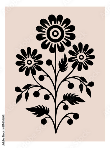 Symmetrical ornament with flowers and leaves, scandinavian folk art poster. Floral silhouette composition. Ethnic botanical vector illustration.