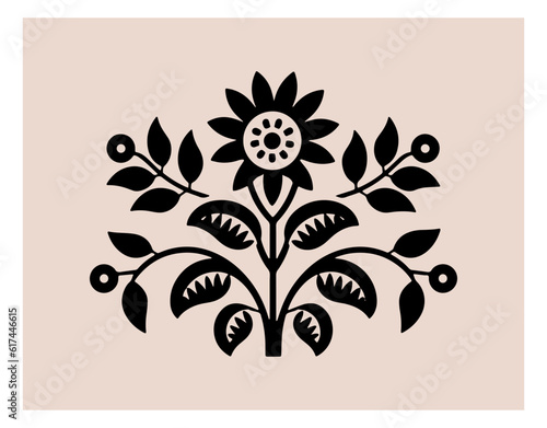 Symmetrical ornament with flowers and leaves, scandinavian folk art poster. Floral silhouette composition. Ethnic botanical vector illustration.
