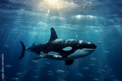 Big killer whale swimming in the deep blue ocean. 3d rendering