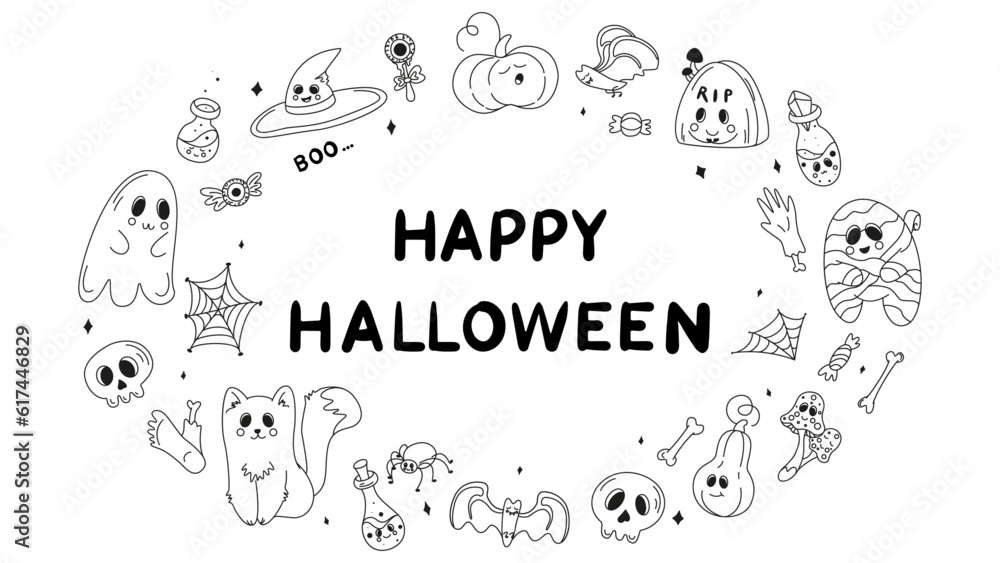 Collection of halloween silhouettes icon and character, set of elements for halloween, doodles set halloween, mystical set, trick or treat, line art illustrations Collection of halloween silhouettes icon and character, set of elements for halloween, doodles set halloween, mystical set, trick or treat, line art illustrations