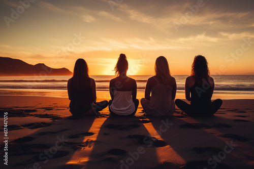 Group of women peacefully practicing morning yoga on a serene beach, embodying mindfulness and tranquility