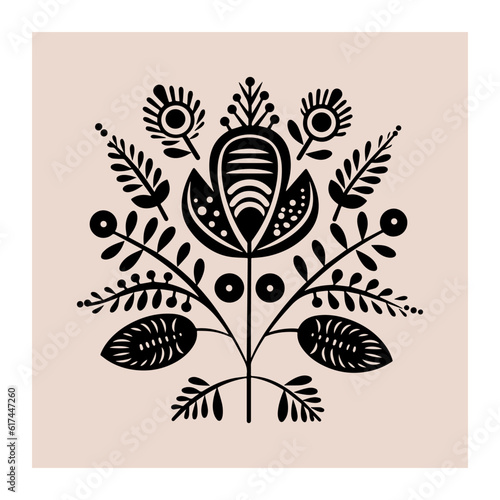 Symmetrical ornament with flowers and leaves, scandinavian folk art poster. Floral silhouette composition. Ethnic botanical vector illustration.