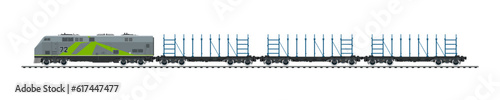 Railway freight wagons, locomotive with railway platform for timber transportation , railway and container transport banner, overland transport, vector illustration