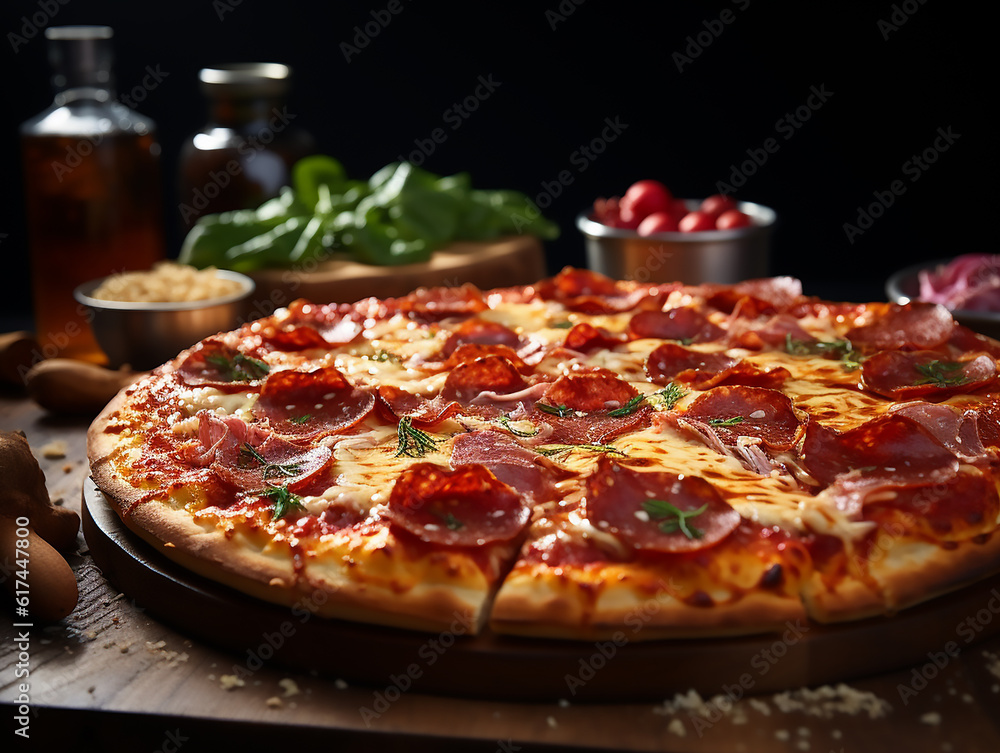 Pepperoni Pizza with Mozzarella cheese, salami, Tomato sauce, pepper, Spices. Italian pizza