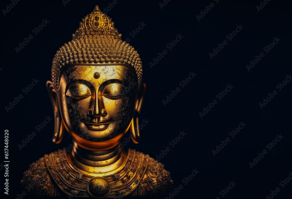 a golden Buddha face on a captivating black background, offering a serene ambiance. Generated AI
