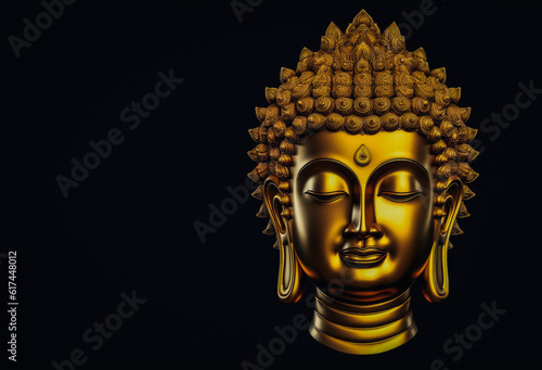 a golden Buddha face on a captivating black background, offering a serene ambiance. Generated AI