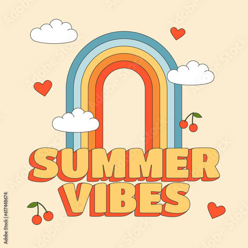 Groovy hippie square poster. Summer Vibes text with rainbow, clouds, hearts and cherries