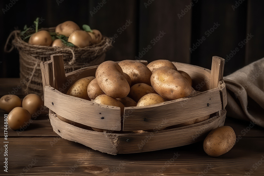 Handmade Basket Full of Potatoes on a Wooden Table Handmade Basket Full of Potatoes on a Wooden Table