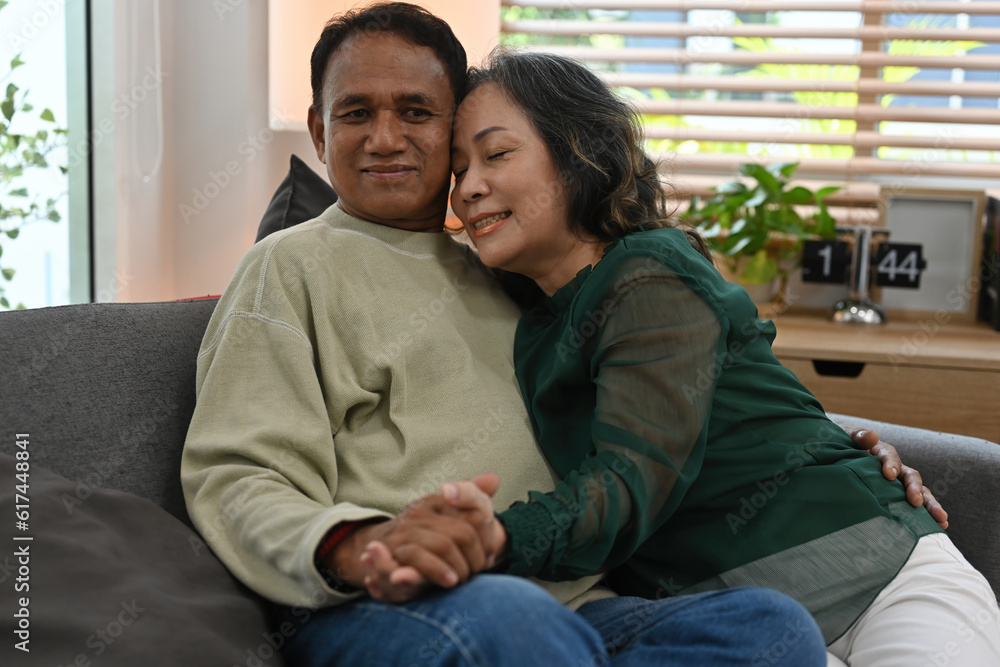 Fototapeta premium A heartwarming portrait of an elderly Asian couple embracing and holding hands with love at home.