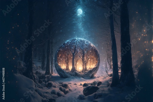 a mysterious event in a snowy forest fantasy landscape dd concept art photorealistic in sharp focus in perfect focus 8k 