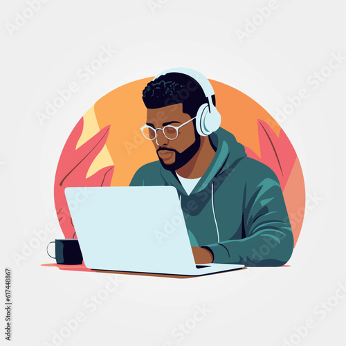 young man working on his laptop, vector illustration