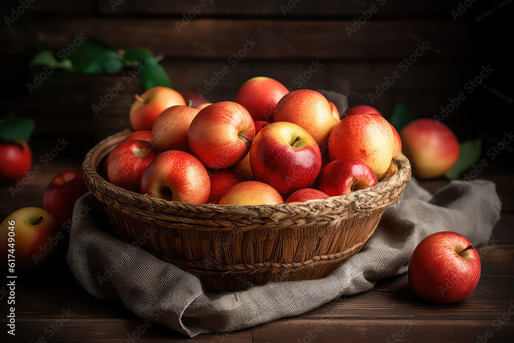 Handmade Basket Full of Apples on Rustic Wooden Table: Orchard Fresh Goodness Handmade Basket Full of Apples on Rustic Wooden Table: Orchard Fresh Goodness
