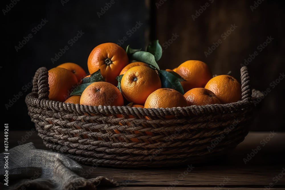 Handmade Basket Full of Oranges on Rustic Wooden Table Handmade Basket Full of Oranges on Rustic Wooden Table