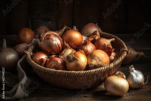 Handmade Basket Full of Onions on Rustic Wooden Table