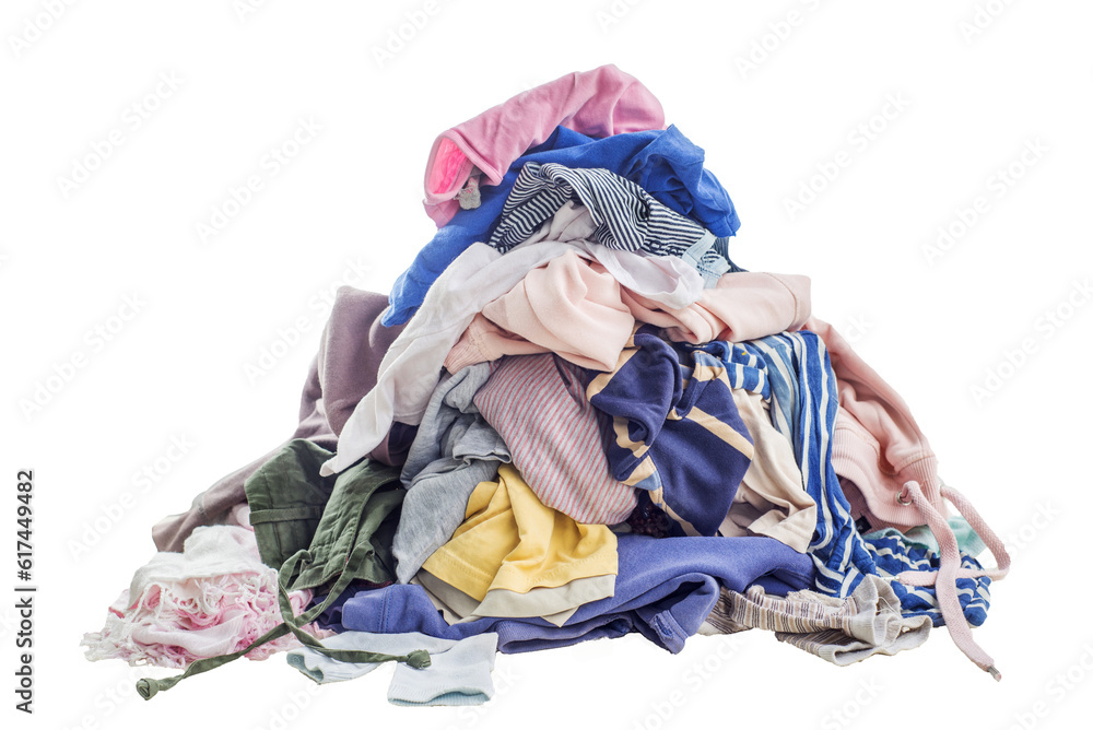 Used clothes in a pile. Sorting and cleaning second-hand. Preparing for washing. Isolated
