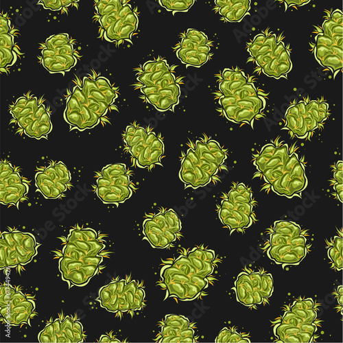 Vector Cannabis Bud Seamless Pattern, decorative repeat background with cut out illustrations of dry cannabis buds for wrapping paper, collection of flat lay organic marijuana buds for home interior
