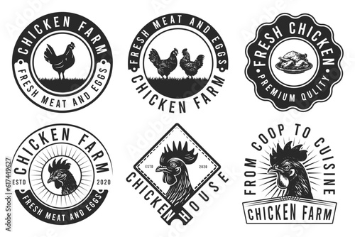Chicken Farm Badge or Label. Chicken rooster poultry farm vintage badge logo design inspiration. Elements on the theme of the chicken, pork, and milk farming business.
