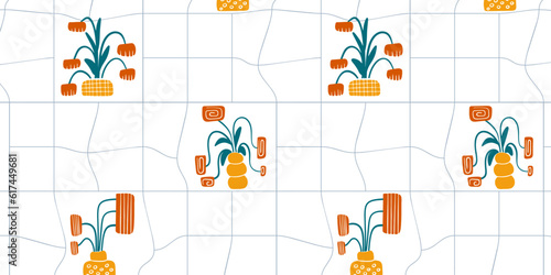 Seamless pattern vases with flowers in retro style. Vector illustration in a flat style.