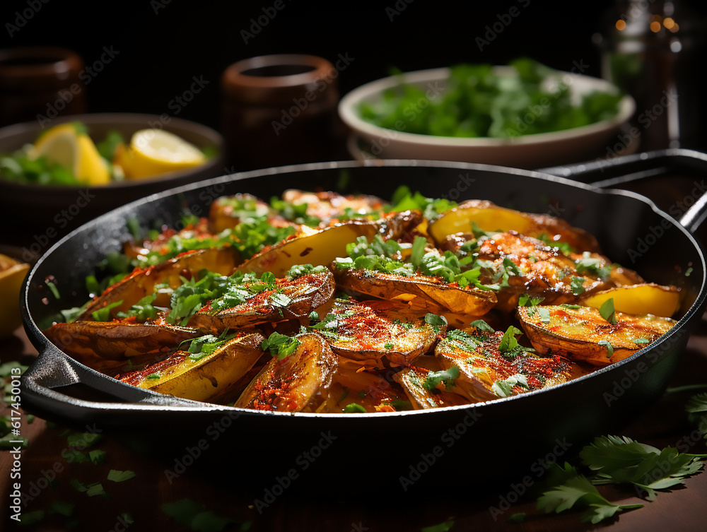 A plate of oven - roasted potatoes, lightly browned and garnished with fresh rosemary, served on a rustic wooden table.